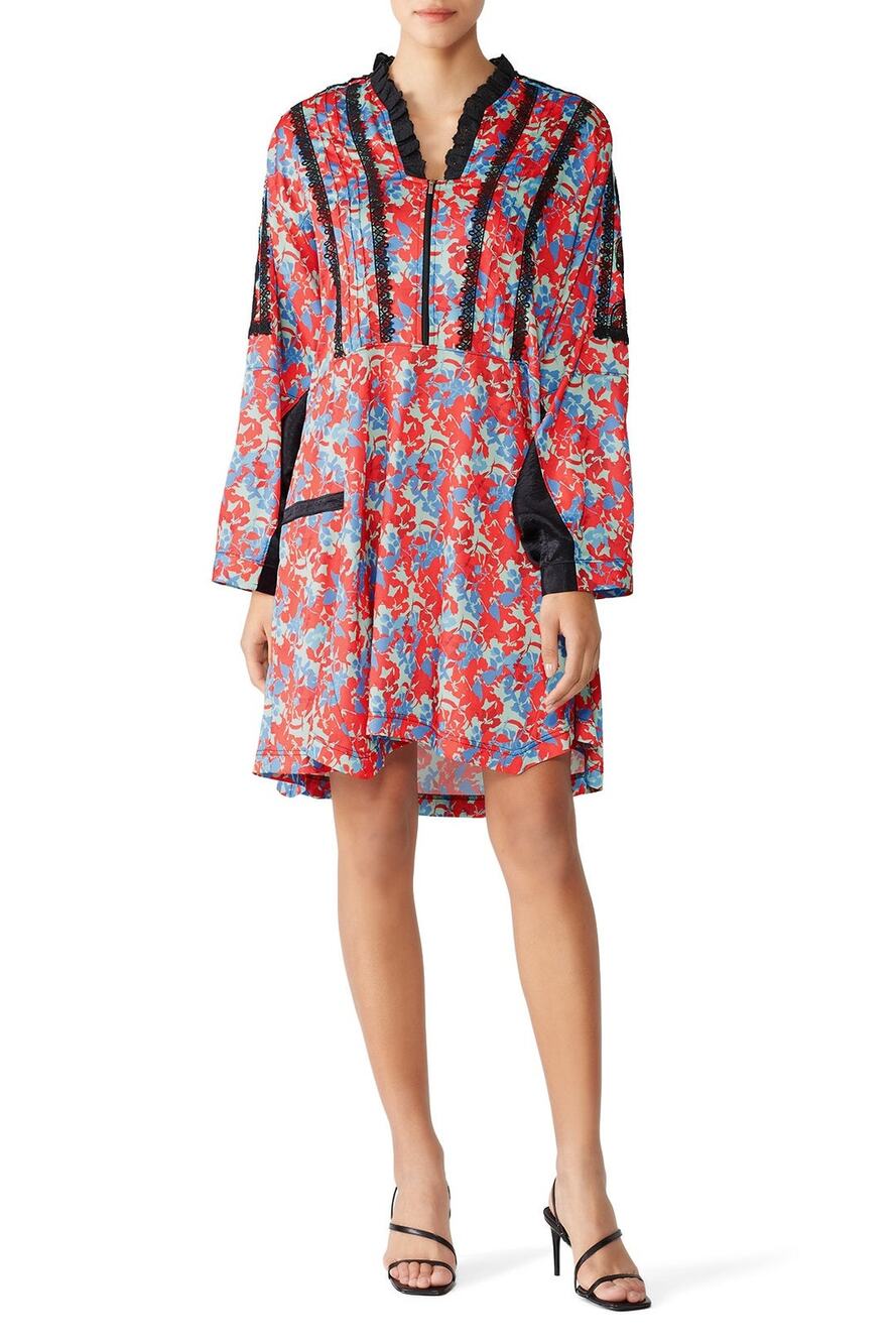 Koche Lace Trim Floral Dress Red Zip Crepe V-Neck Pockets 40 US 8